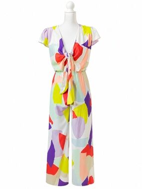 Alice+Olivia Abstract Print Wide Leg Jumpsuit Flutter Sleeve Tie Front Size 4